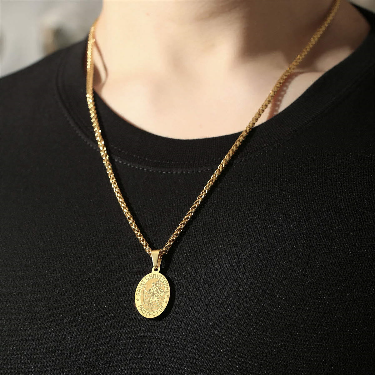Oval Saint Christopher Engraved Medal Wheat Chain Necklace - The Heavenly