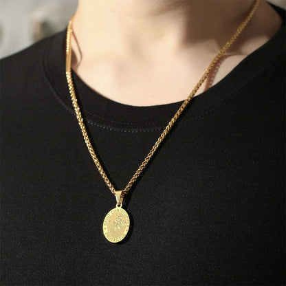 Oval Saint Christopher Engraved Medal Wheat Chain Necklace - The Heavenly