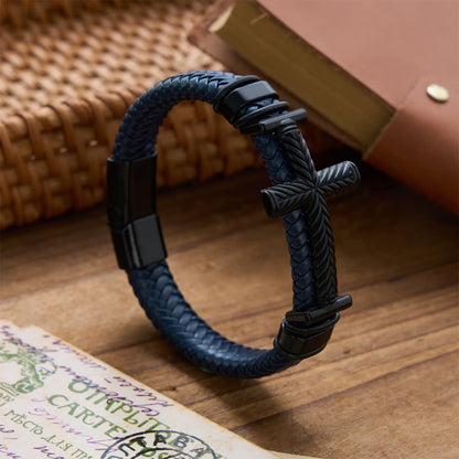 10-Color Braided Leather Cross Bracelet with Embossed Details - The Heavenly
