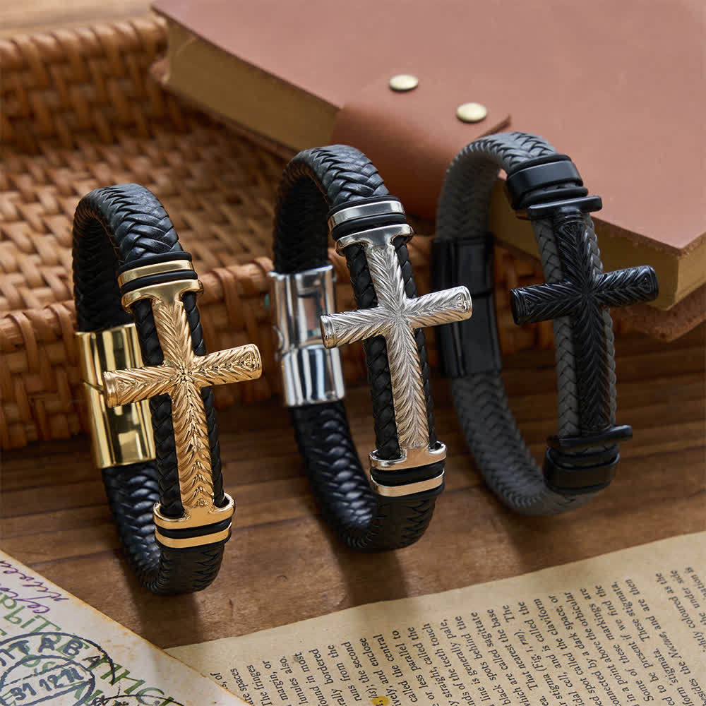 10-Color Braided Leather Cross Bracelet with Embossed Details - The Heavenly