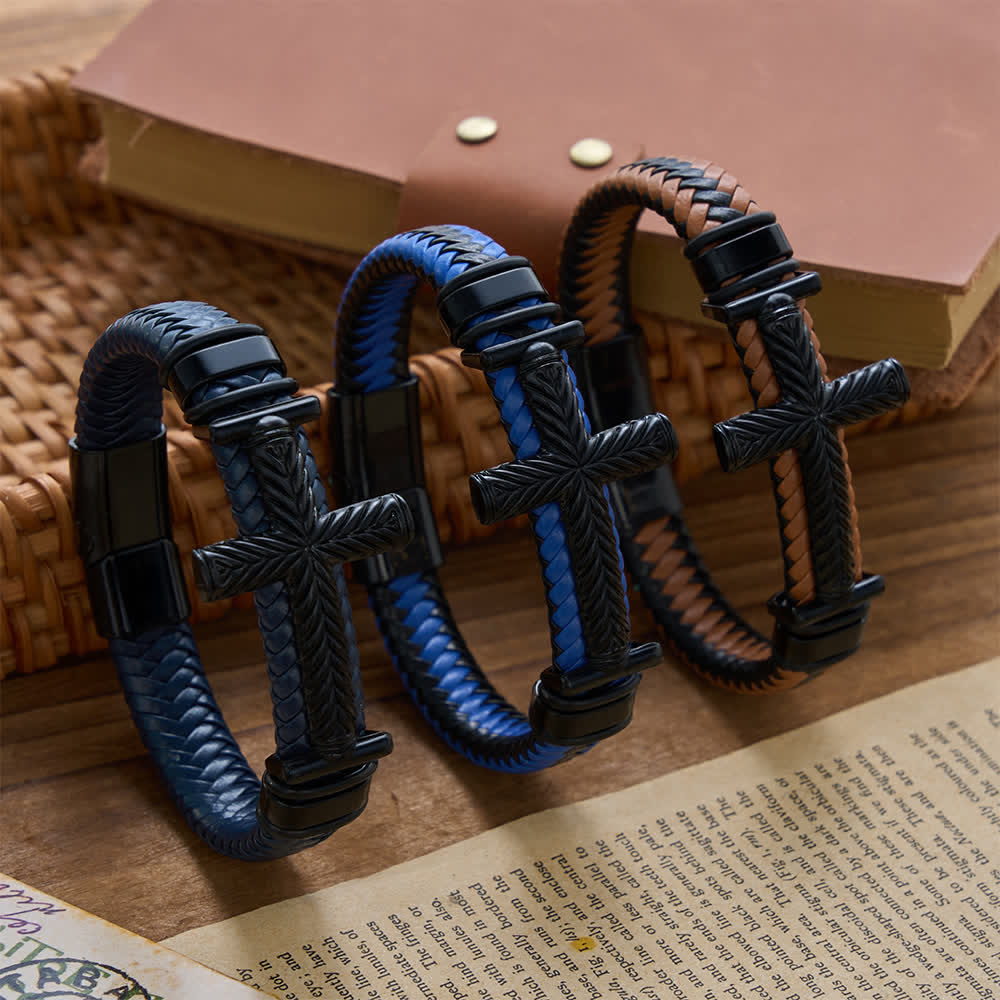 10-Color Braided Leather Cross Bracelet with Embossed Details - The Heavenly