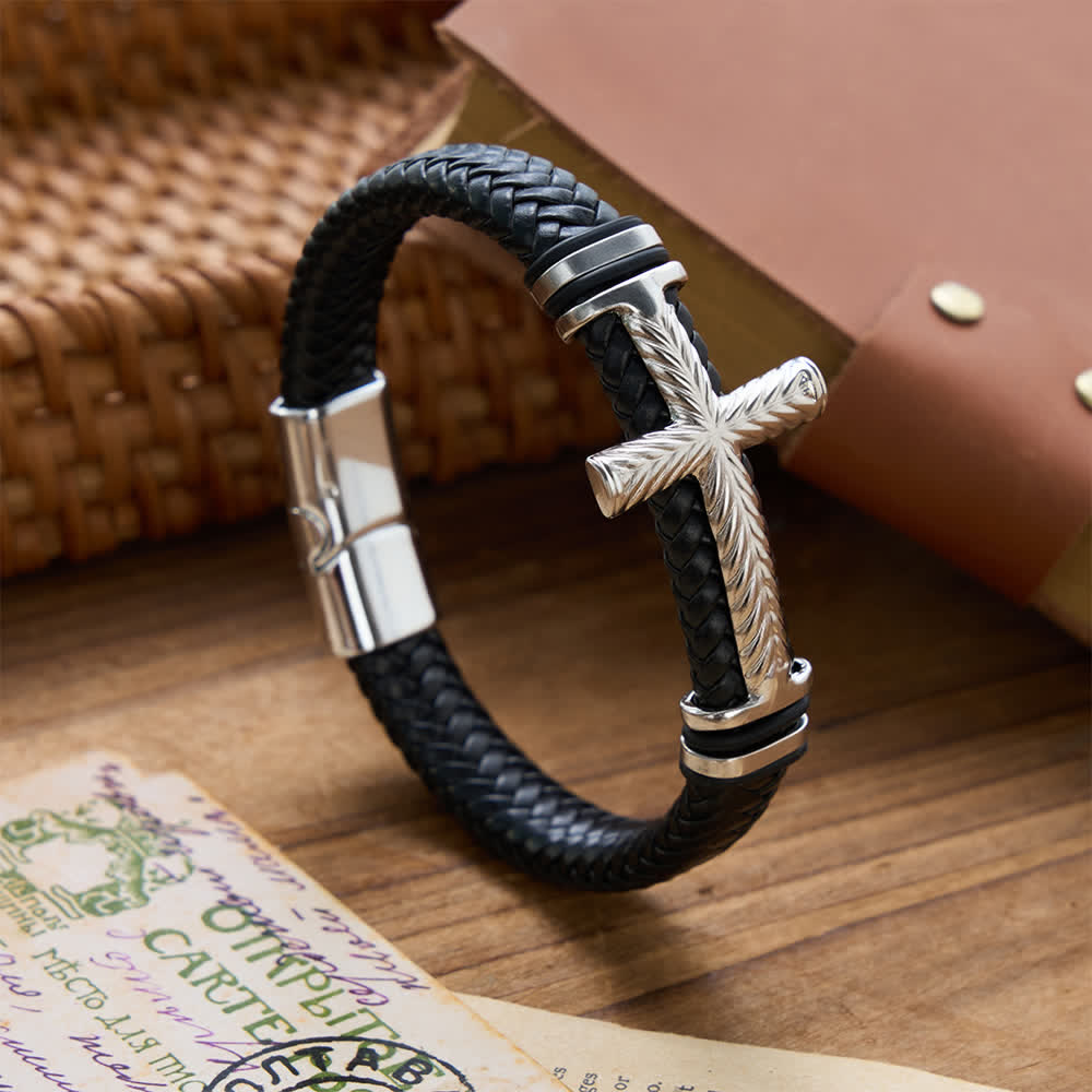 10-Color Braided Leather Cross Bracelet with Embossed Details - The Heavenly
