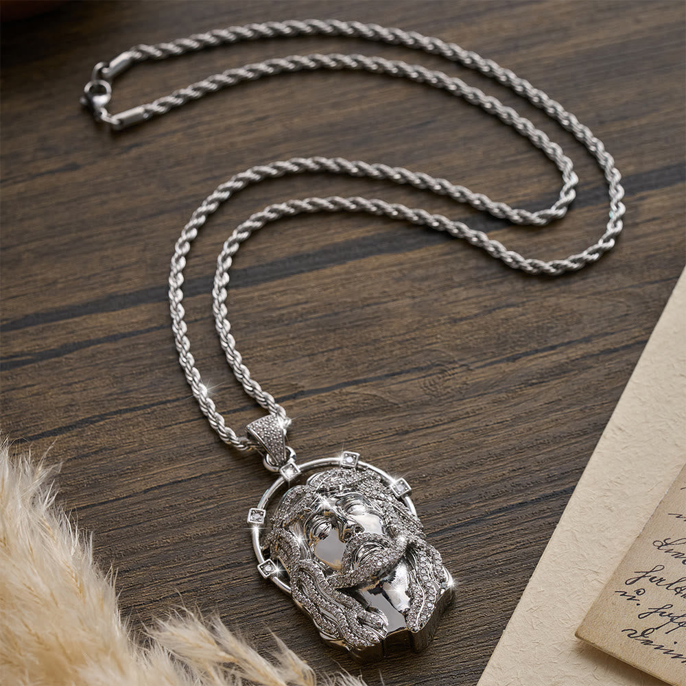 Oval Rhinestone Halo Holy Face Pendant Multiple Style Link Chain Necklace - The Heavenly
