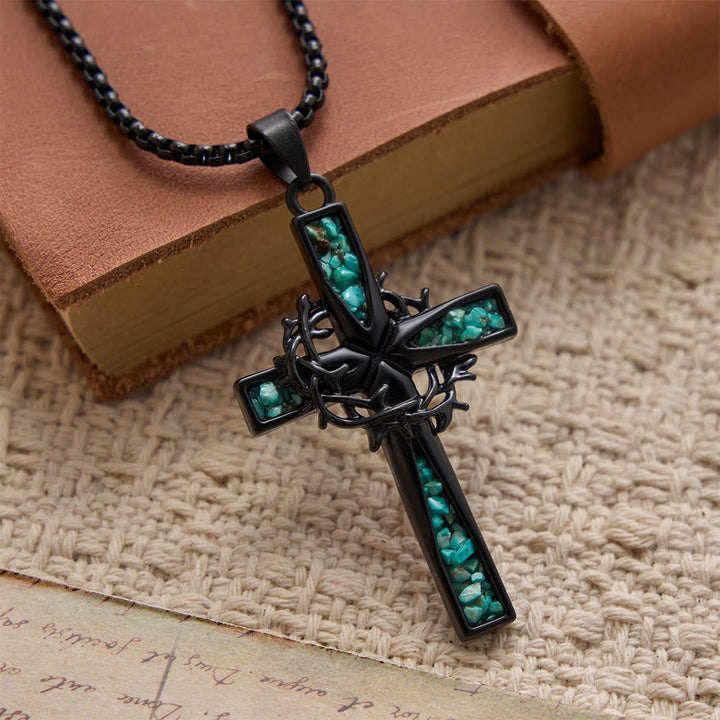 Western Bohemian Crushed Turquoise Inlaid Thorn Cross Necklace - The Heavenly