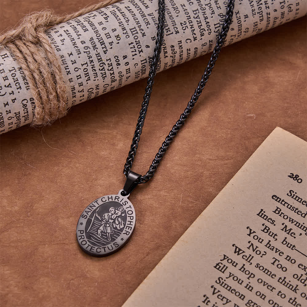 Oval Saint Christopher Engraved Medal Wheat Chain Necklace - The Heavenly