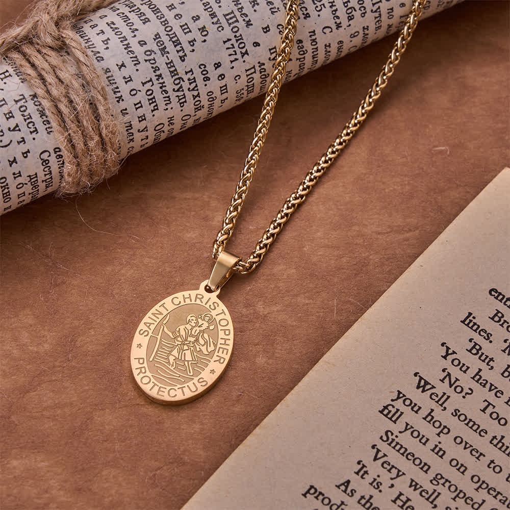 Oval Saint Christopher Engraved Medal Wheat Chain Necklace - The Heavenly