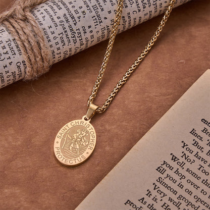 Oval Saint Christopher Engraved Medal Wheat Chain Necklace - The Heavenly