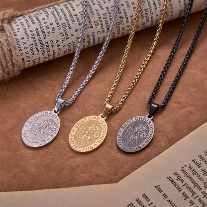 Oval Saint Christopher Engraved Medal Wheat Chain Necklace - The Heavenly
