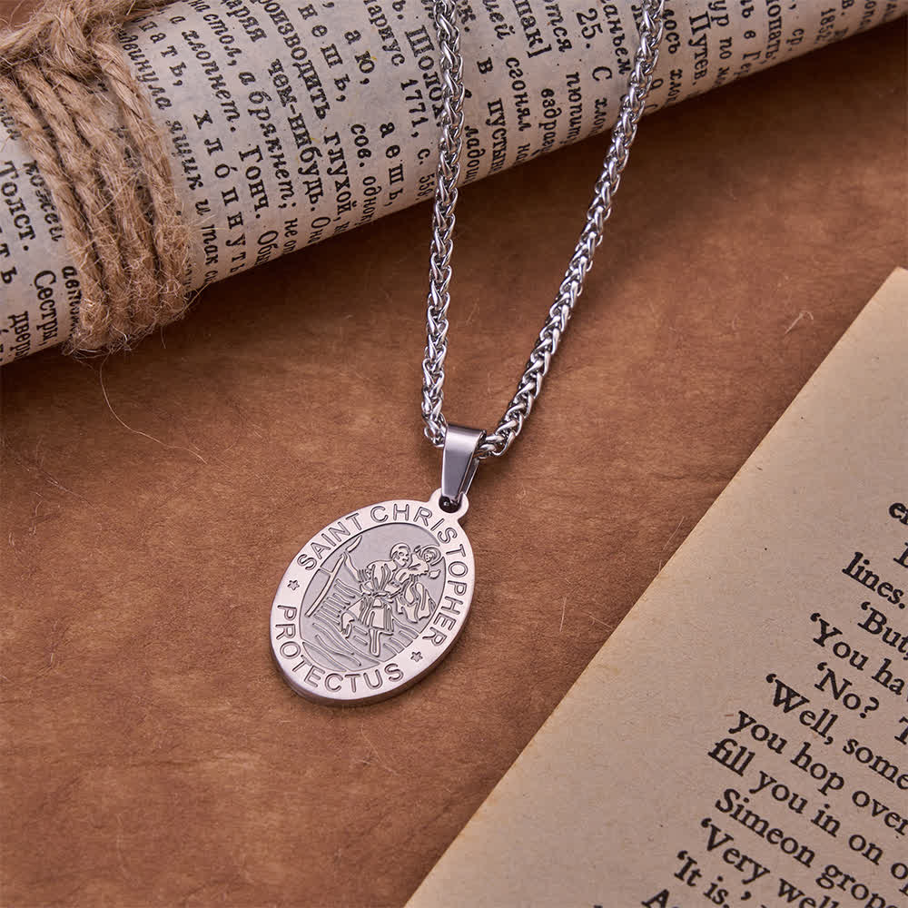 Oval Saint Christopher Engraved Medal Wheat Chain Necklace - The Heavenly