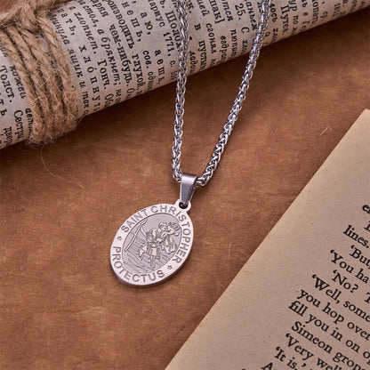 Oval Saint Christopher Engraved Medal Wheat Chain Necklace - The Heavenly