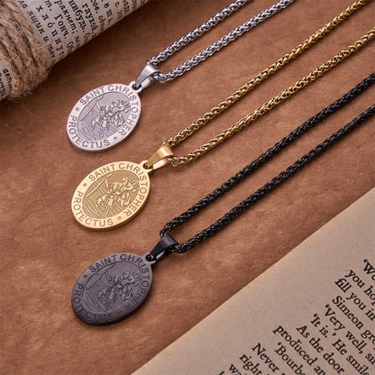 Oval Saint Christopher Engraved Medal Wheat Chain Necklace - The Heavenly