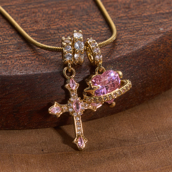 Whimsical Heart Planet & Jeweled Cross Necklace - The Heavenly