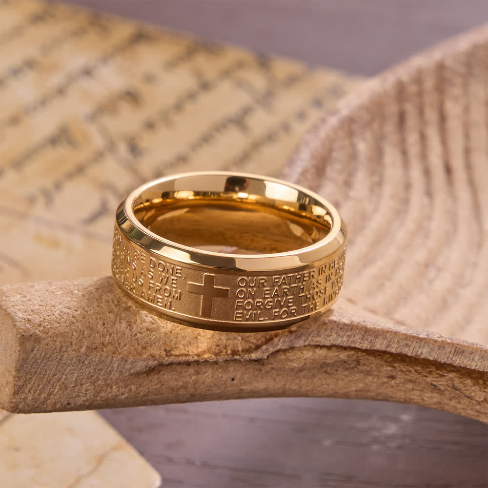 Deep Engraved Cross Lord's Prayer Stainless Steel Wide Band Ring - The Heavenly