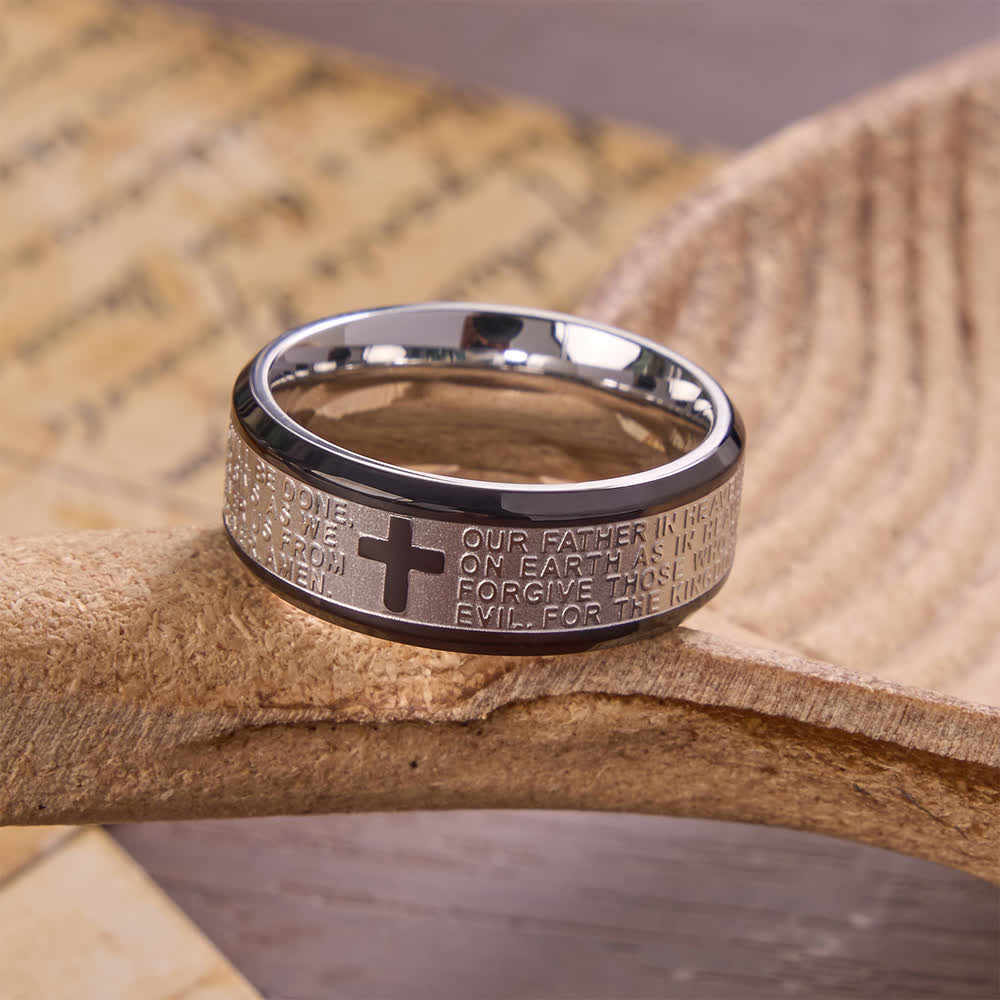 Deep Engraved Cross Lord's Prayer Stainless Steel Wide Band Ring - The Heavenly