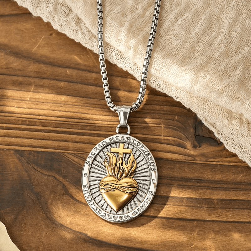 Tri-Color Sacred Heart & Cross Dual-Sided Medallion Necklace - The Heavenly