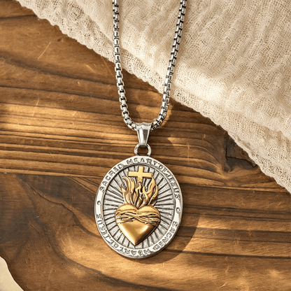 Tri-Color Sacred Heart & Cross Dual-Sided Medallion Necklace - The Heavenly