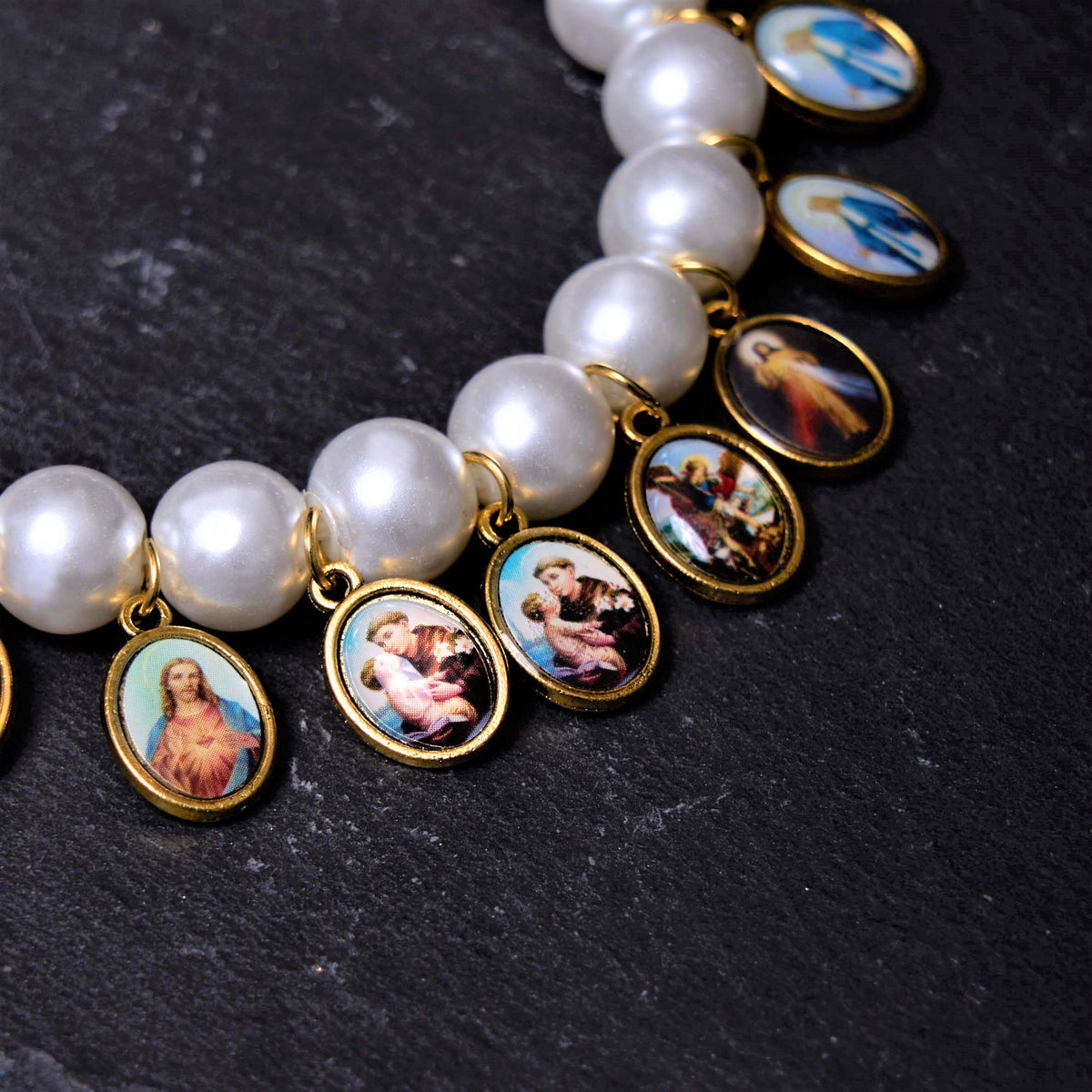 Saint Jesus Mary Medals Cross Pearl Bracelet - The Heavenly