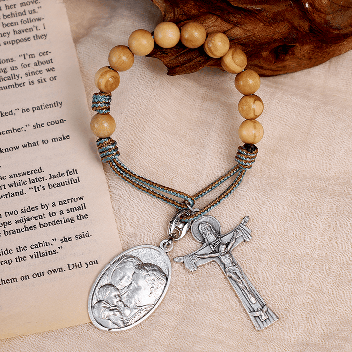 Mary Joseph with Baby Jesus Medal & Holy Trinity Cross Olive Wood Pocket - The Heavenly