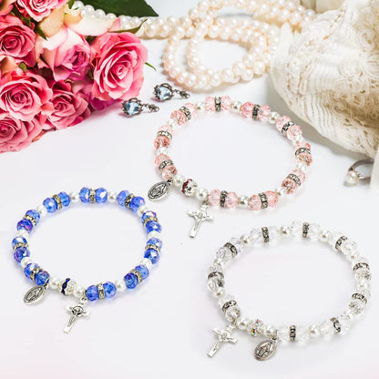 Crystal Beads Stretch Bracelet with Crucifix and Miraculous Medal - The Heavenly