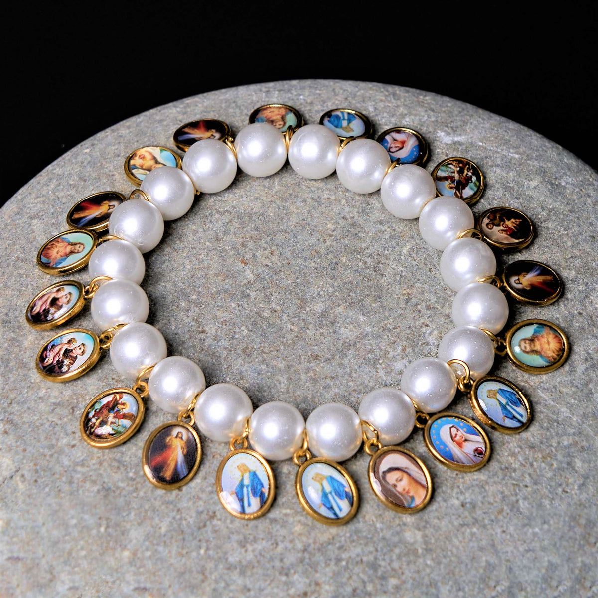 Saint Jesus Mary Medals Cross Pearl Bracelet - The Heavenly