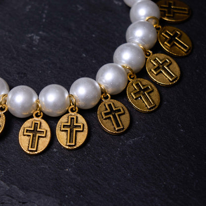 Saint Jesus Mary Medals Cross Pearl Bracelet - The Heavenly