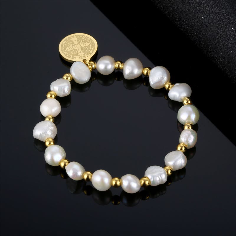 Saint Benedict Medal Irregular Pearl Bracelet - The Heavenly