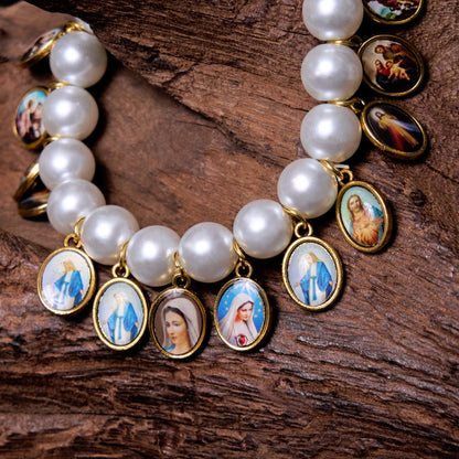 Saint Jesus Mary Medals Cross Pearl Bracelet - The Heavenly