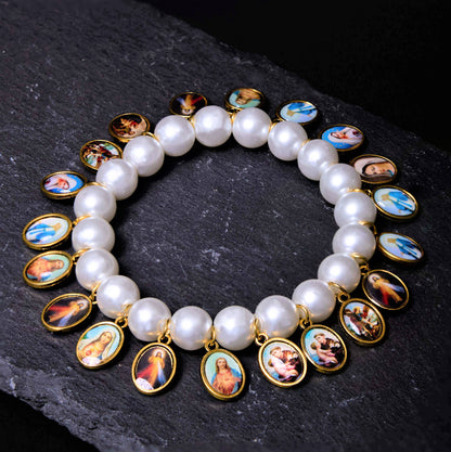Saint Jesus Mary Medals Cross Pearl Bracelet - The Heavenly
