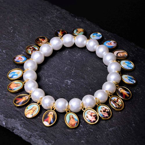 Saint Jesus Mary Medals Cross Pearl Bracelet - The Heavenly