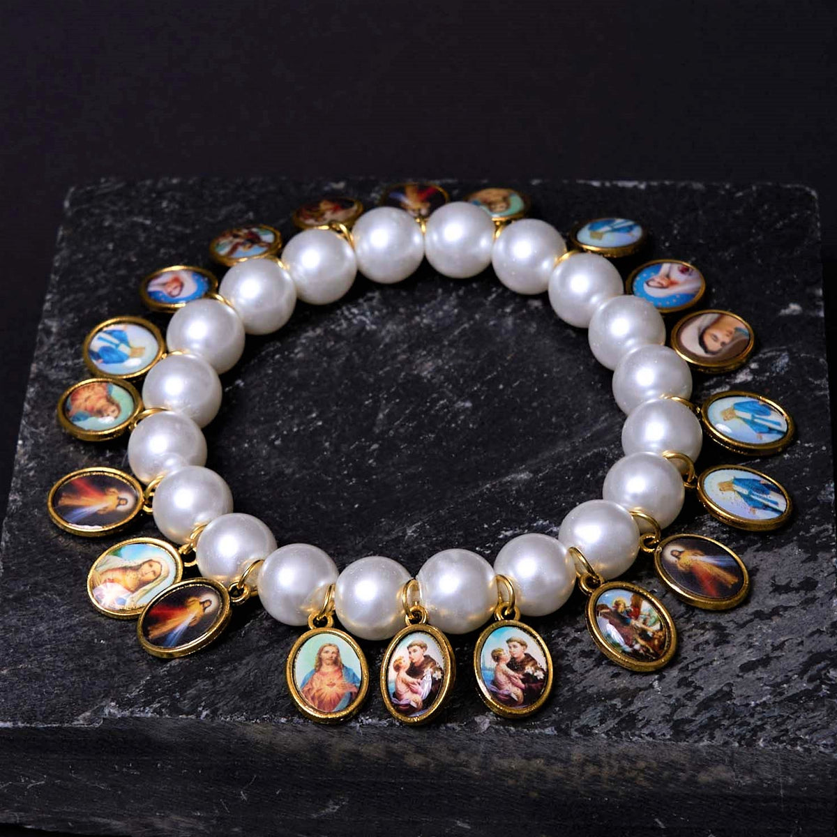 Saint Jesus Mary Medals Cross Pearl Bracelet - The Heavenly