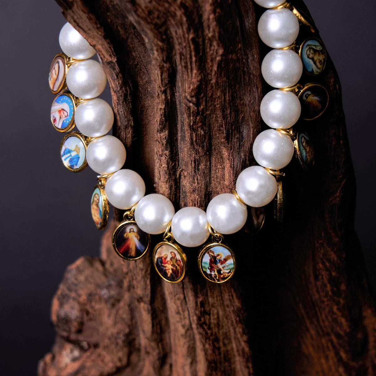 Saint Jesus Mary Medals Cross Pearl Bracelet - The Heavenly